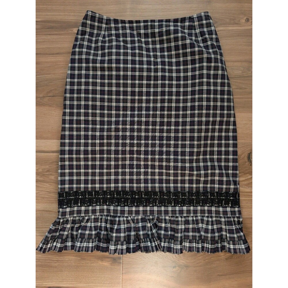 Vtg ANNA SUI Plaid Navy Gingham Lace Ruffle Midi Skirt Sz 6 Coquette Grunge Rock